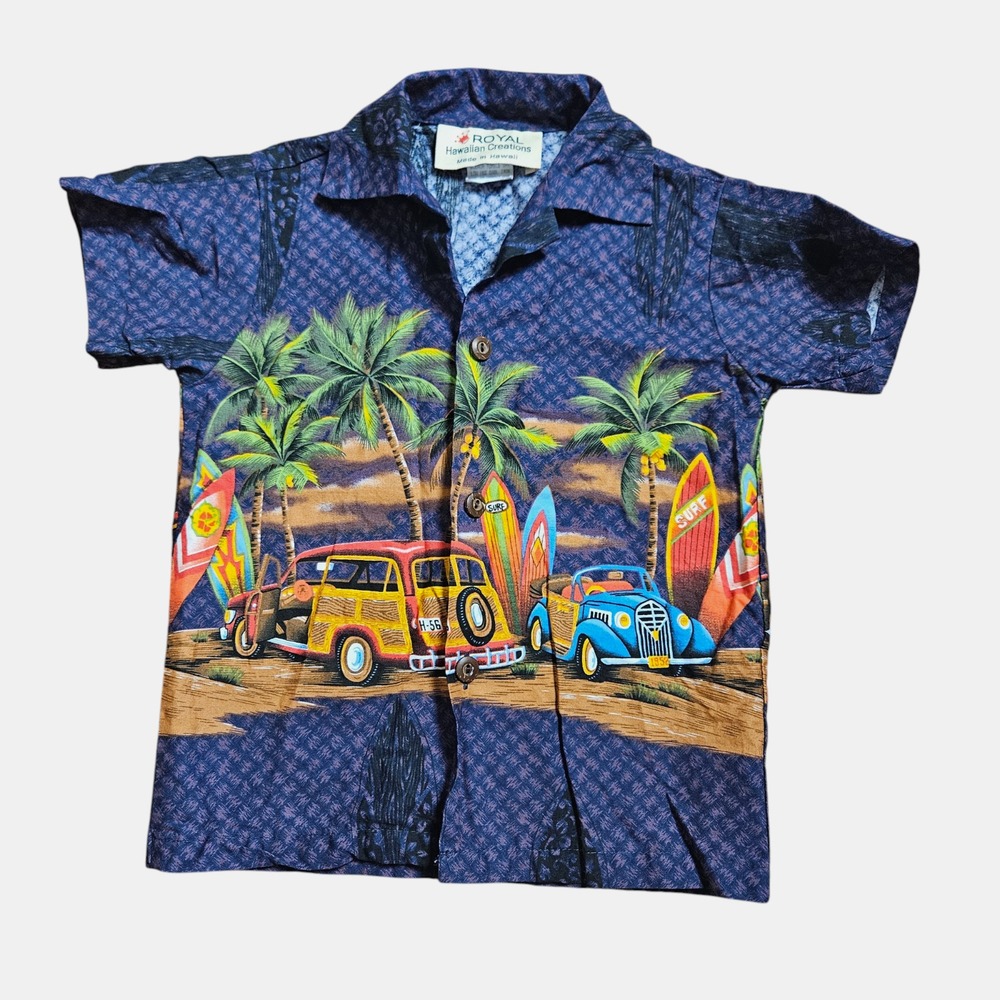 Royal Hawaiian Creations Boys‎ Button Up Shirt 2 Cars Surfboard Beach Aloha